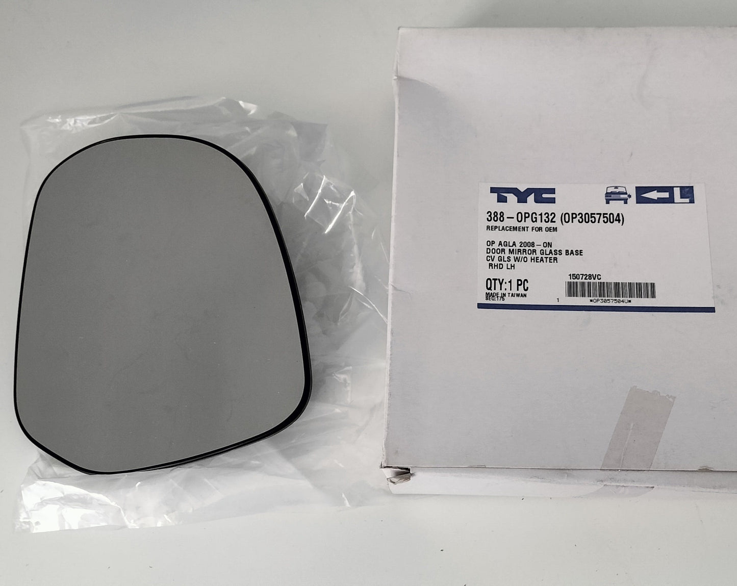 Wing Mirror Glass TYC - Opel Agila 2008 includes backing plate - CV L/H - 388 - OPG132 (OP3057504)