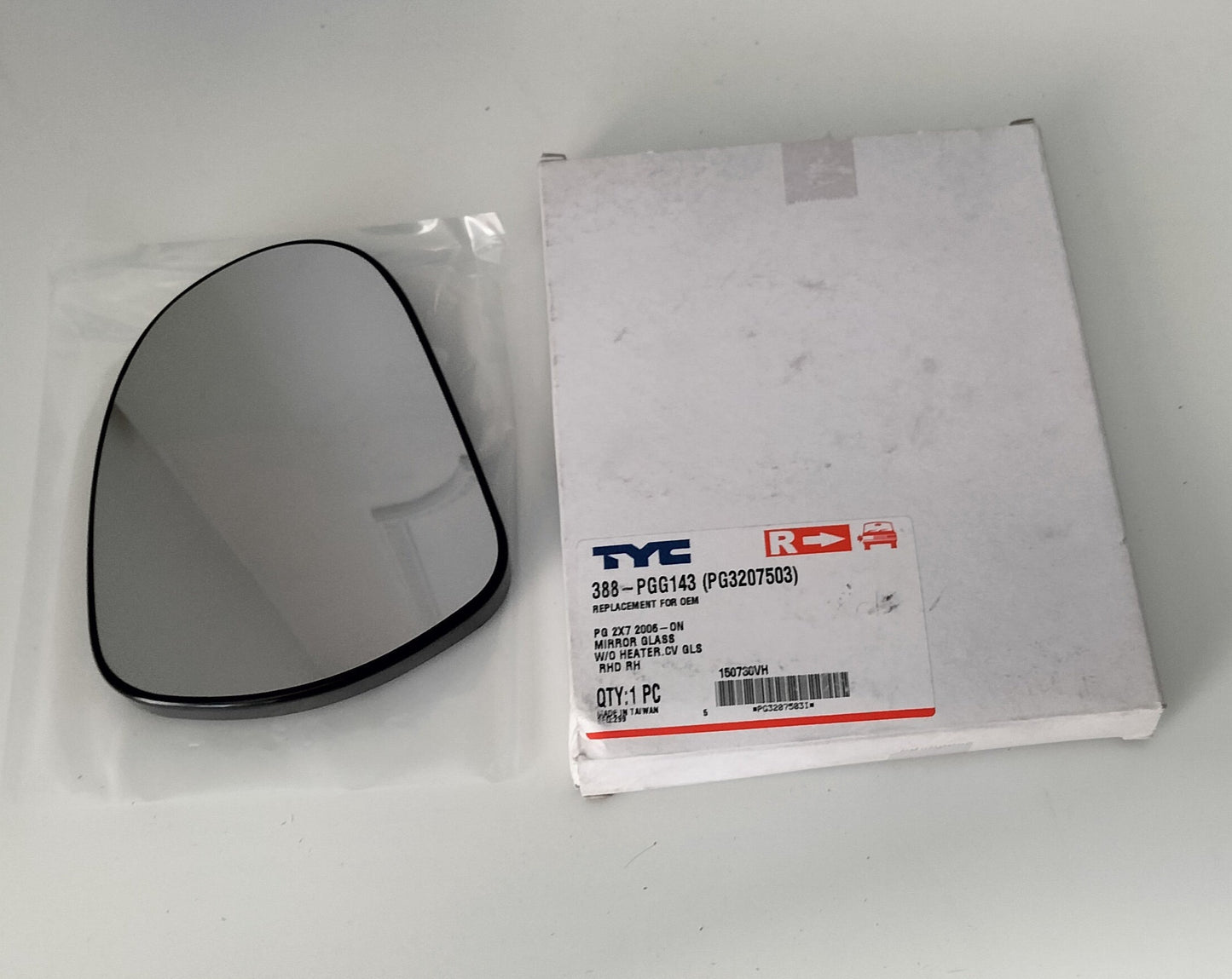 Wing Mirror Glass TYC- Peugeot 207 2006 Including backing plate - CV GLS R/H - 388-PGG143 (PG3207503)